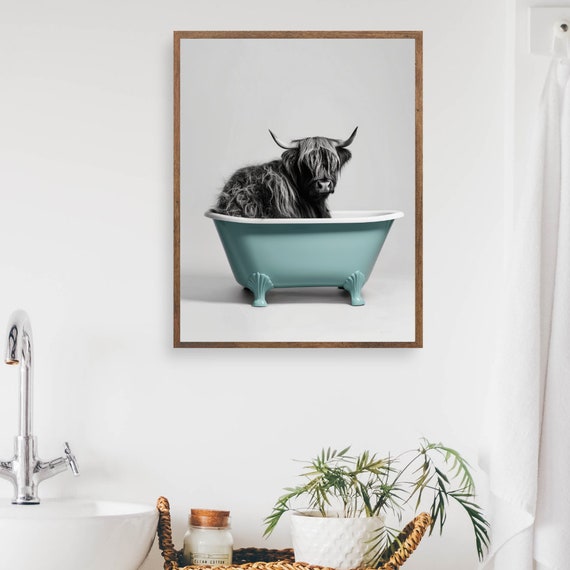 Highland Cow In Bathtub Art Funny Bathroom Print