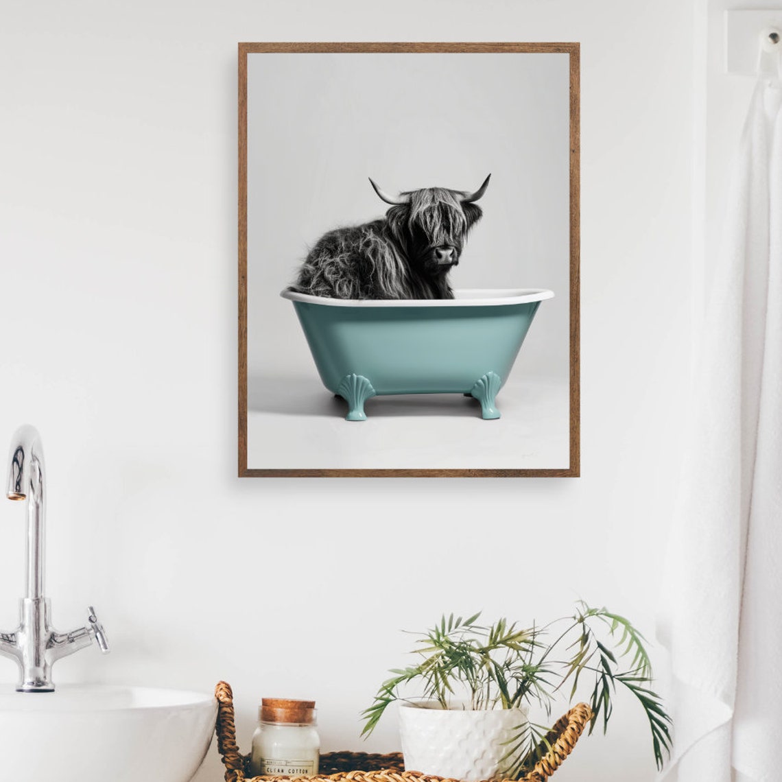 Highland Cow In Teal Bathtub Funny Animal Bathroom Poster Bath