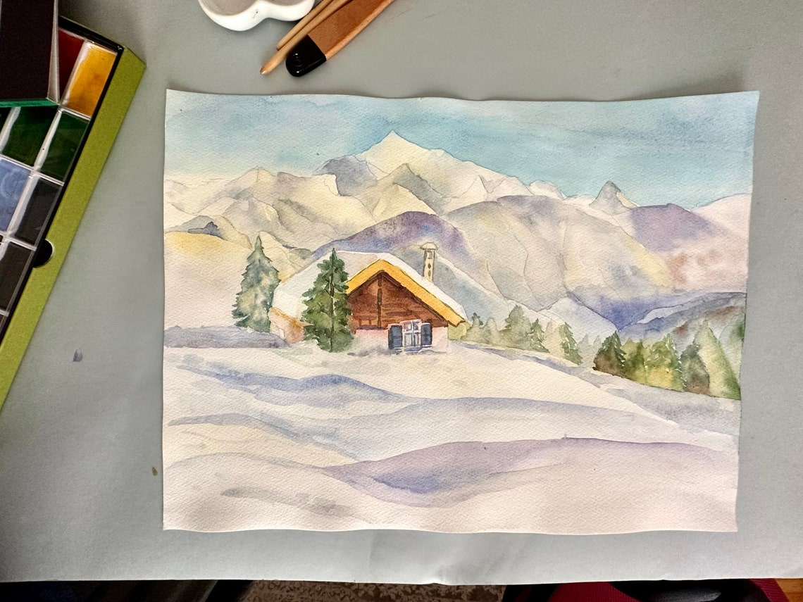 Snowy Alpine Chalet Beneath Majestic Winter Mountains Poster - Image 2