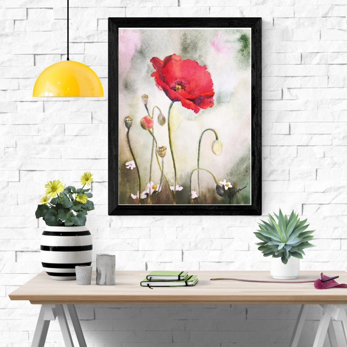 Bold Red Poppy Bloom With Buds and Daisies Watercolor Floral Poster - Image 2