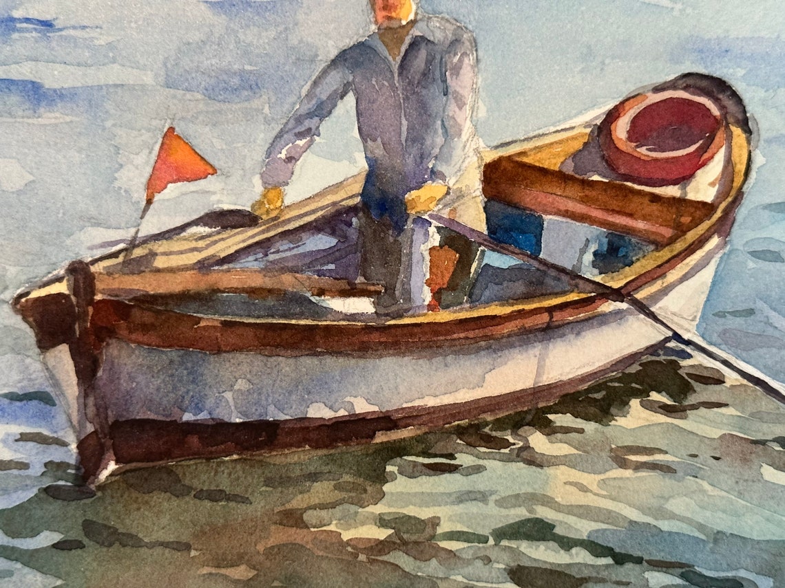 Fisherman Rowing Wooden Boat on Calm Sea Watercolor Art Poster - Image 5