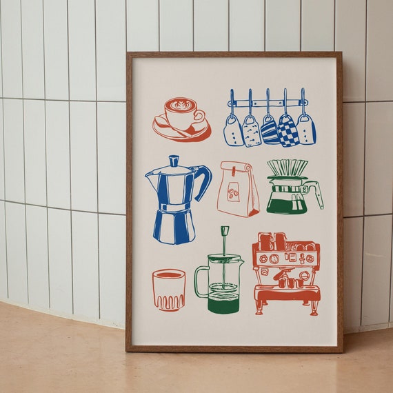 Coffee Art Hand Drawn Coffee Lover Poster Trendy Wall Art For Kitchen Decor Retro Wall Art Red Blue Green Moka Pot Print