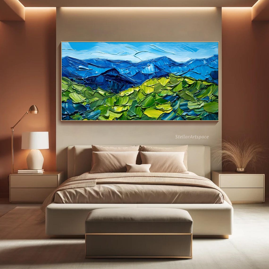 Blue Green Mountain Peaks Palette Knife Textured Landscape Poster - Image 4