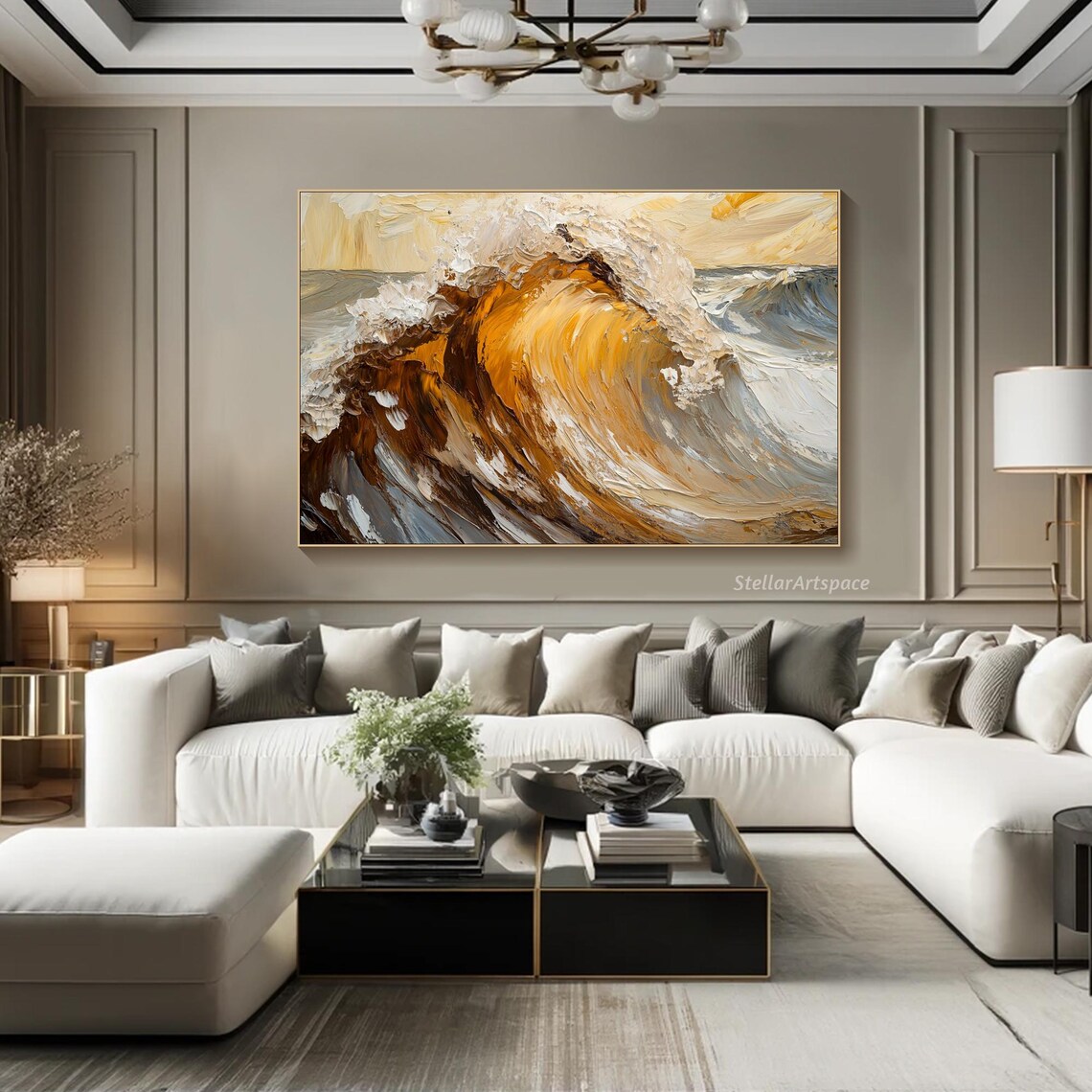 Golden Ocean Wave Barrel Amber White Heavy Impasto Seascape Art Poster - Image 2