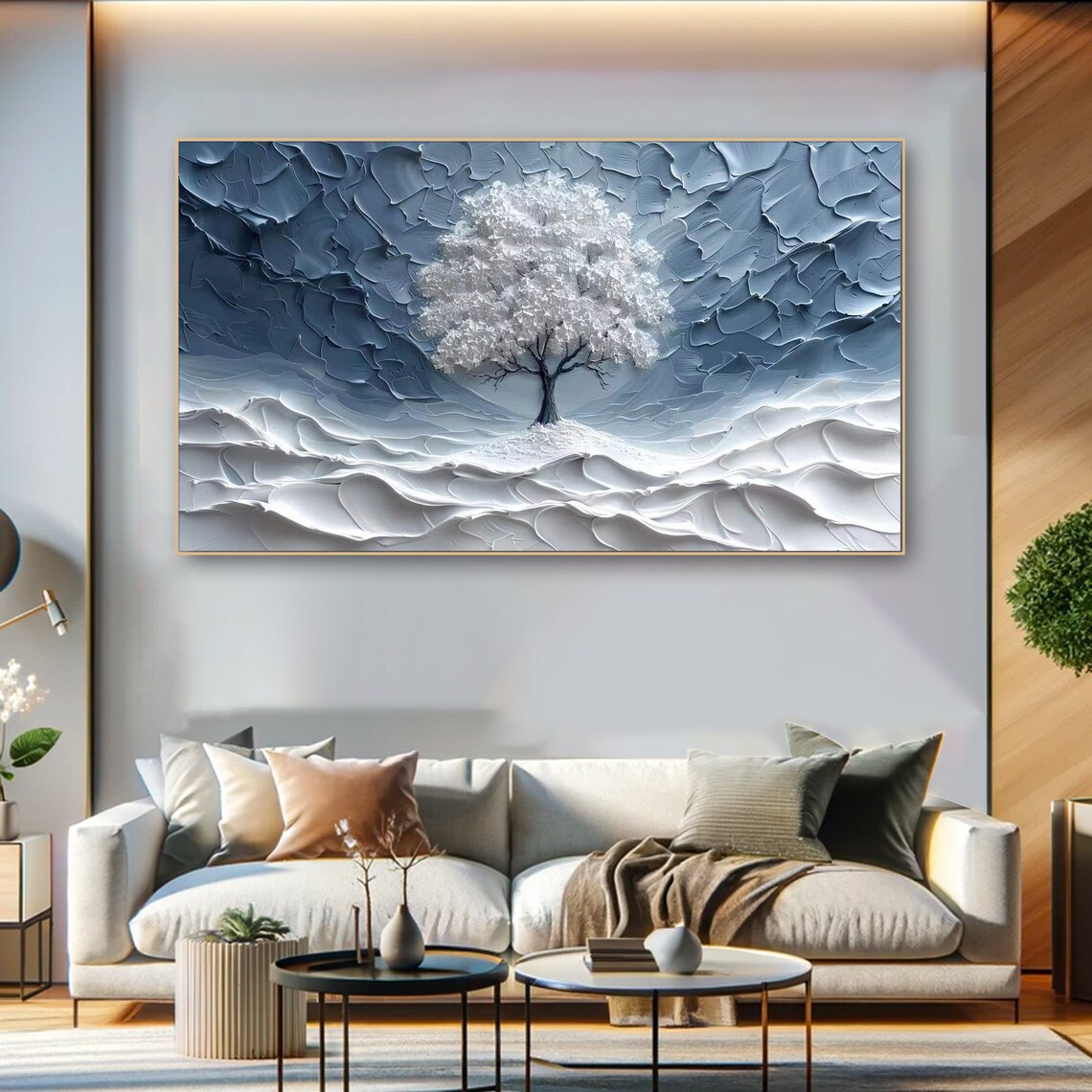 Mystical White Blossom Tree Silver Blue Textured Abstract Poster - Image 3