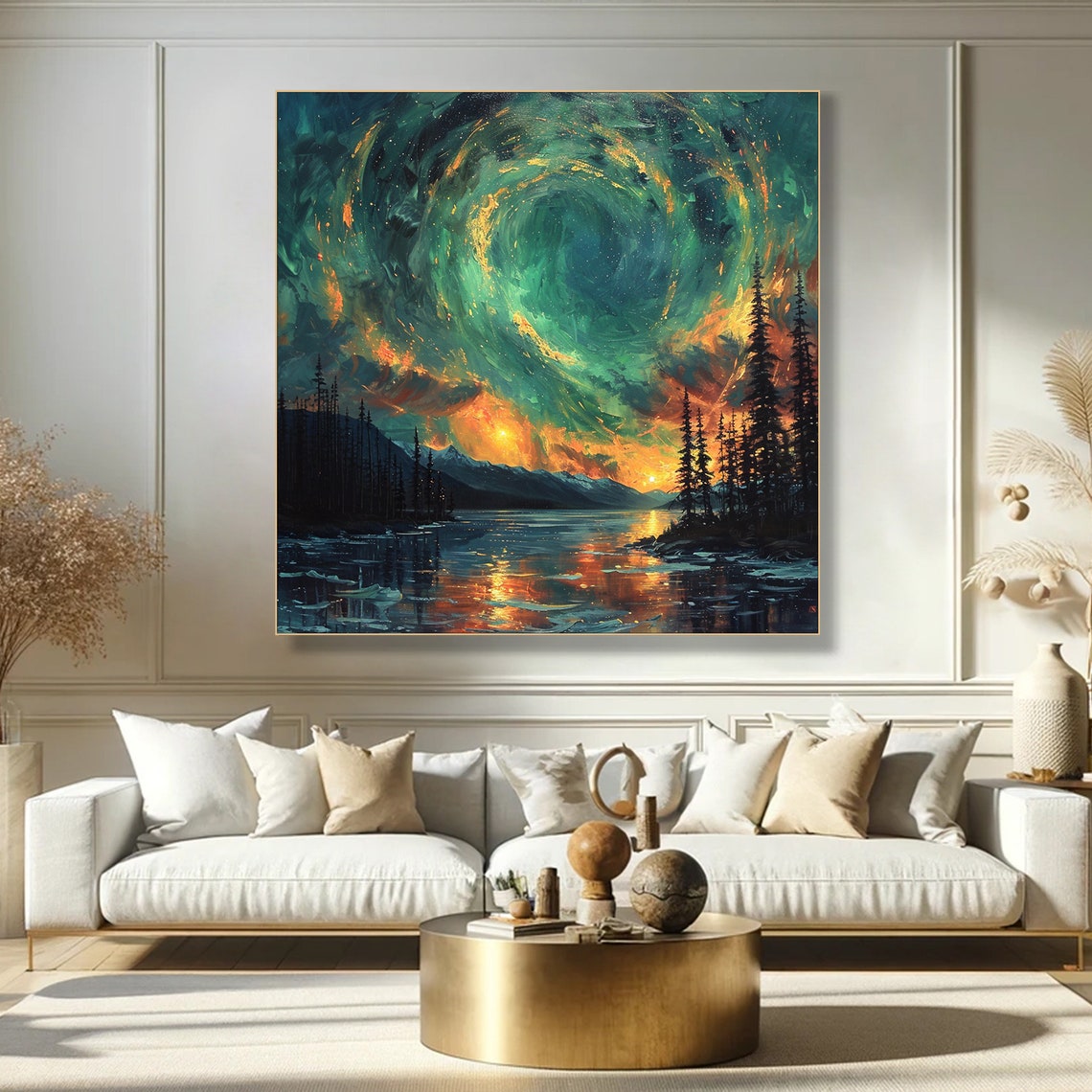 Northern Lights Aurora Night Sky Pine Lake Reflection Art Poster - Image 2
