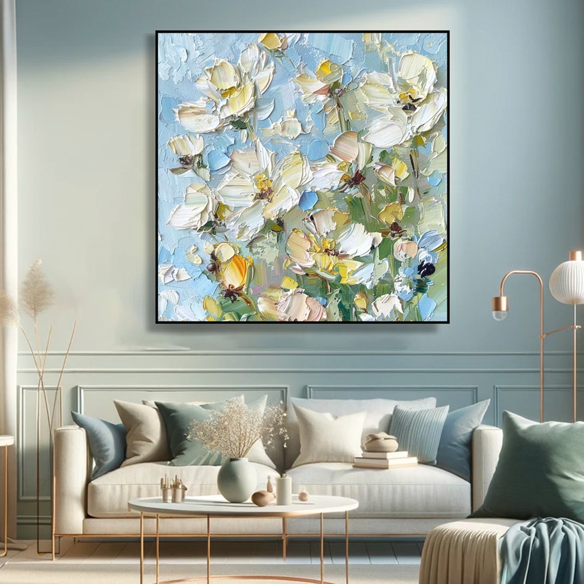 White Blossom Pastel Blue Floral Impasto Oil Painting Soft Poster - Image 2