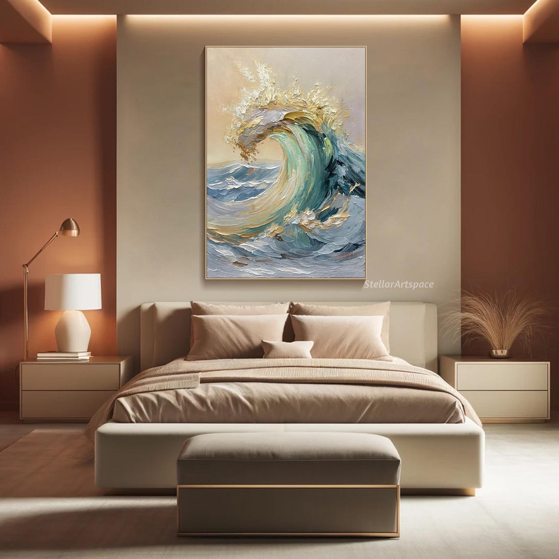 Ocean Wave Curl Blue Sea Gold Spray Textured Impasto Art Poster - Image 3
