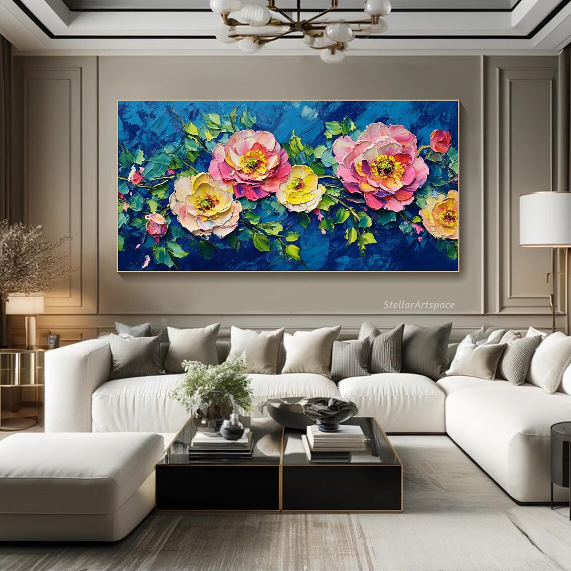 Peony Blossoms Pink Yellow Deep Blue Impasto Bold Floral Poster - Image 2