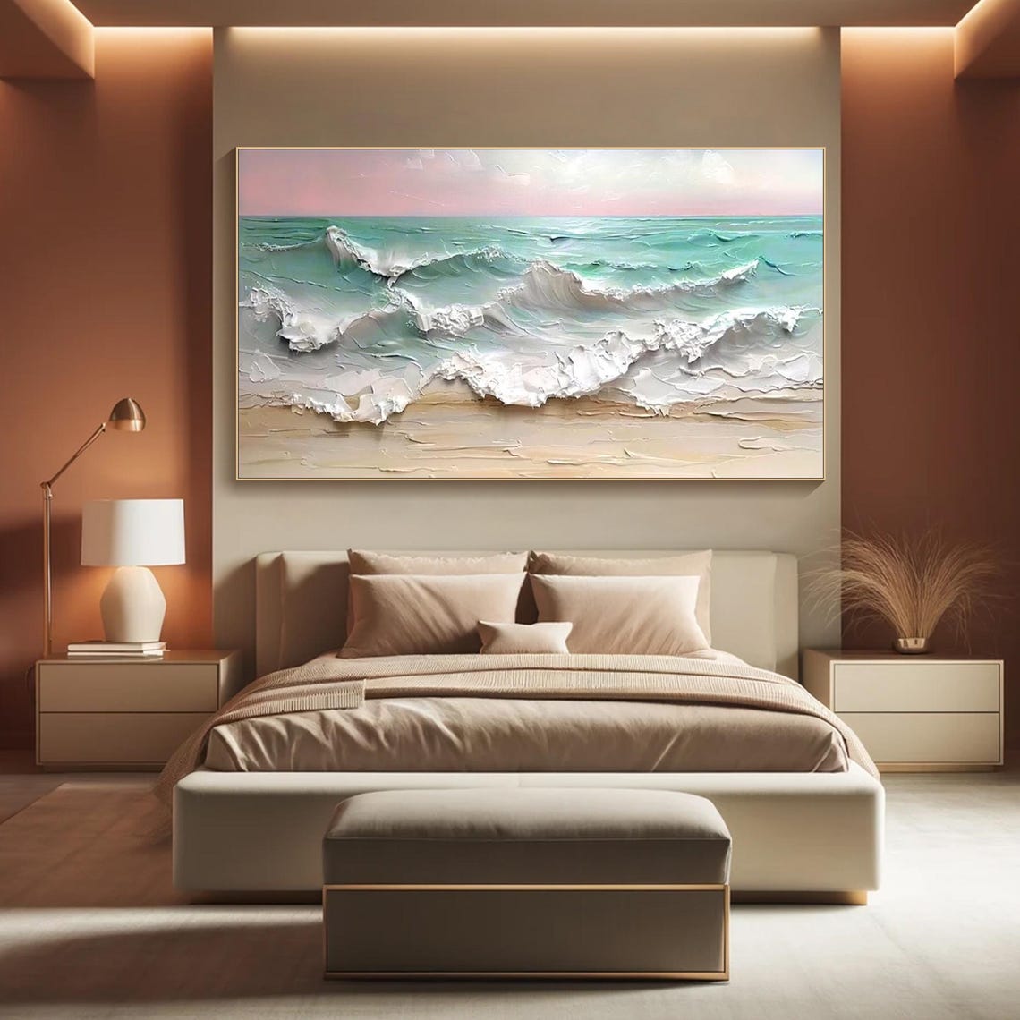 Ocean Waves White Foam Pastel Sky Sandy Shore Textured Seascape Poster - Image 3