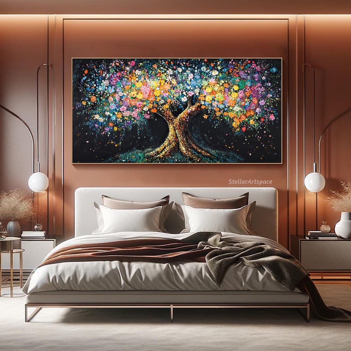 Midnight Blossom Tree Colorful Flowers Black Background Art Poster - Image 2
