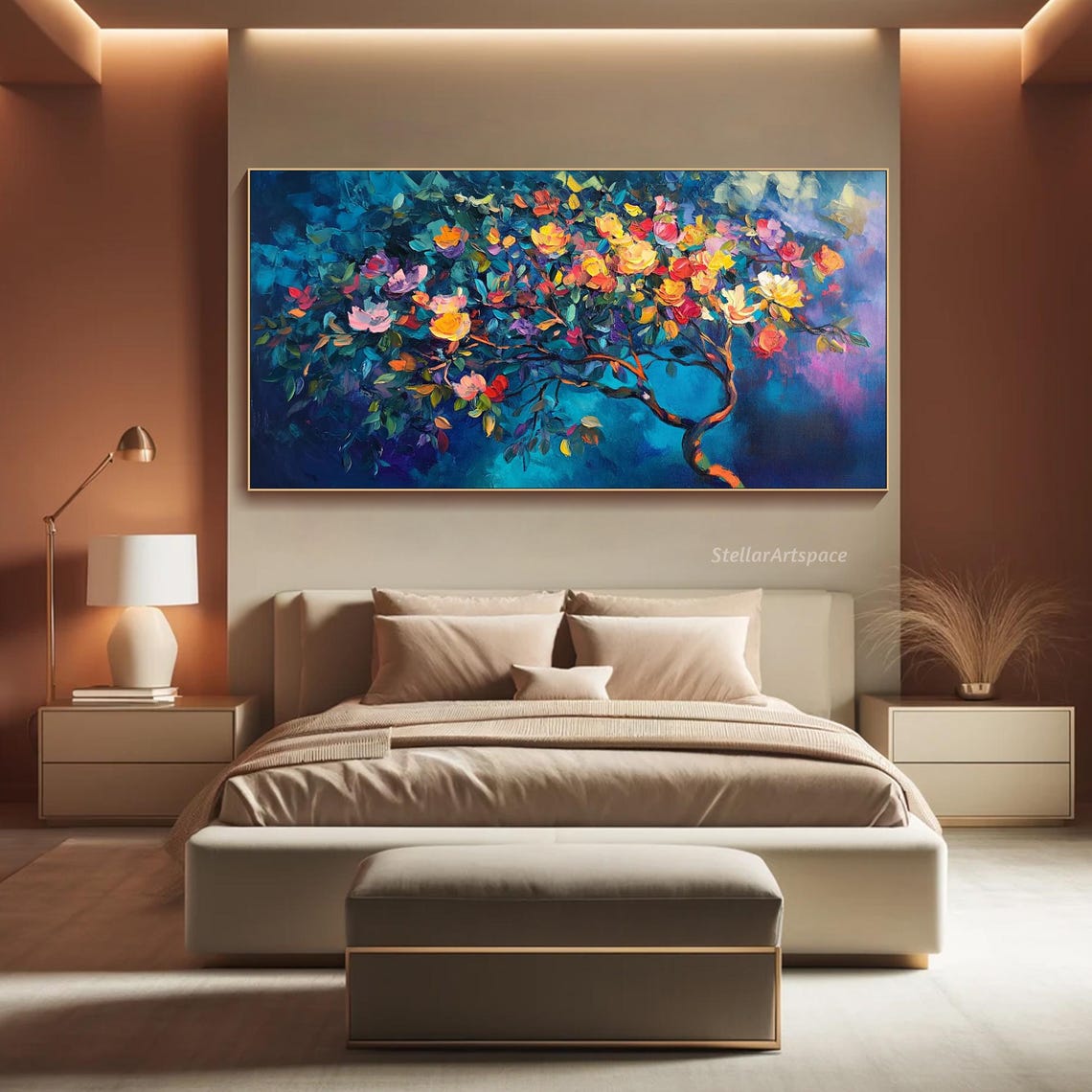 Blossom Tree Rainbow Flowers Teal Night Sky Impasto Art Poster - Image 3