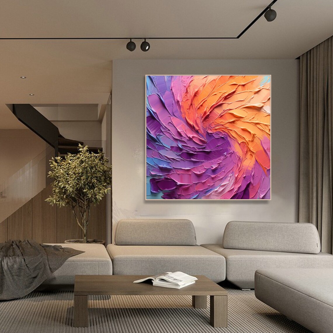 Purple Orange Petal Swirl Abstract Textured Impasto Floral Poster - Image 4