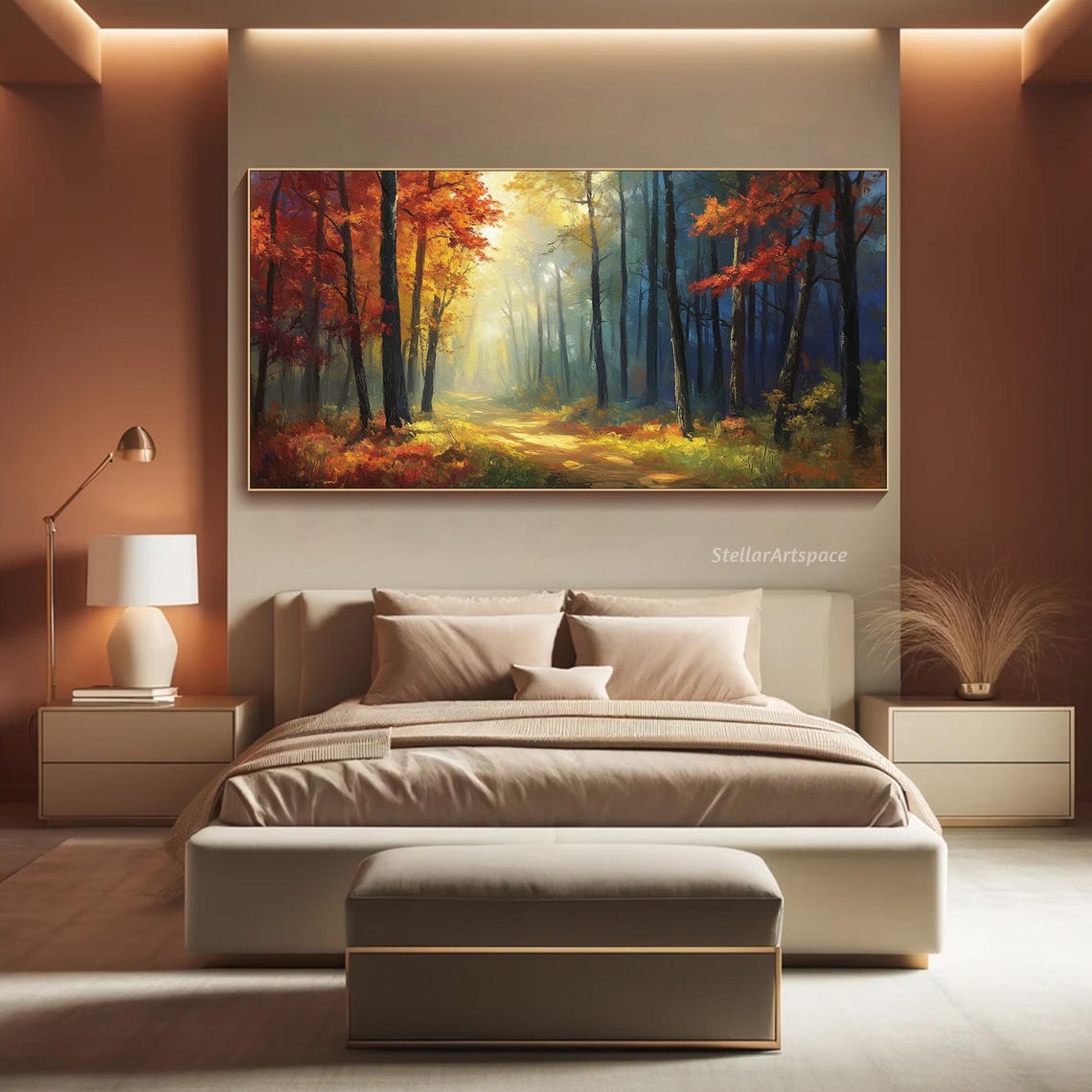 Sunlit Autumn Forest Path Golden Light Red Foliage Landscape Poster - Image 4