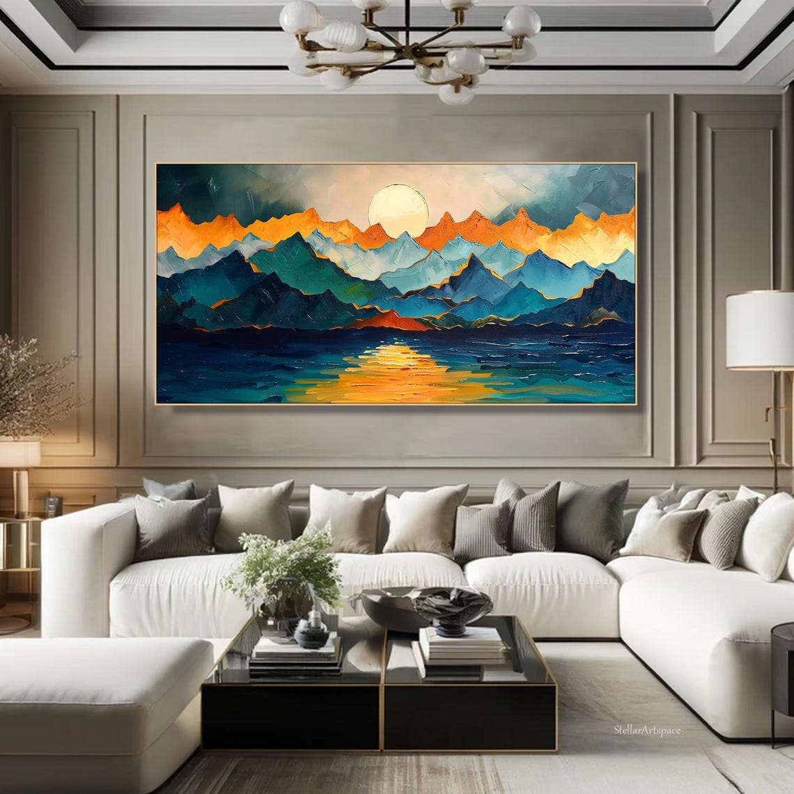 Layered Mountain Sunset Reflection Textured Abstract Landscape Poster - Image 2