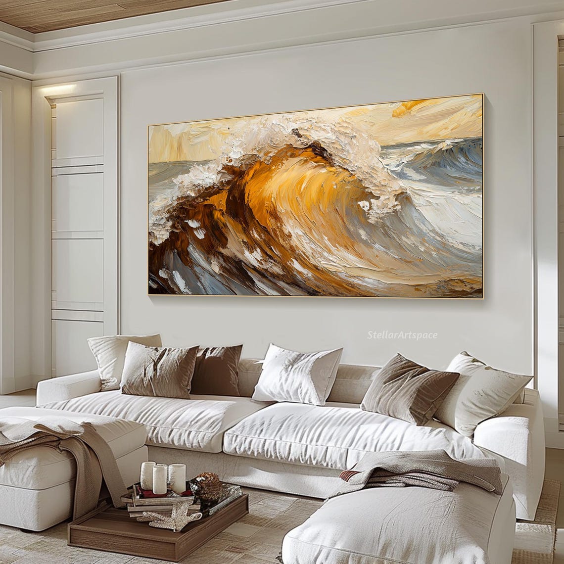 Golden Ocean Wave Barrel Amber White Heavy Impasto Seascape Art Poster - Image 6