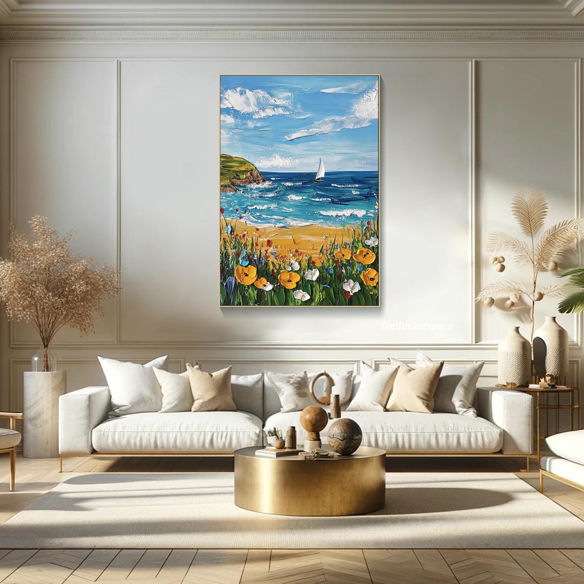 Sailboat Coast Cliff Wildflowers Foreground Textured Seascape Poster - Image 5