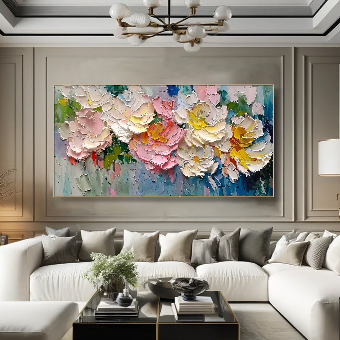 Pastel Peony Blossoms Pink White Yellow Soft Impasto Floral Poster - Image 3