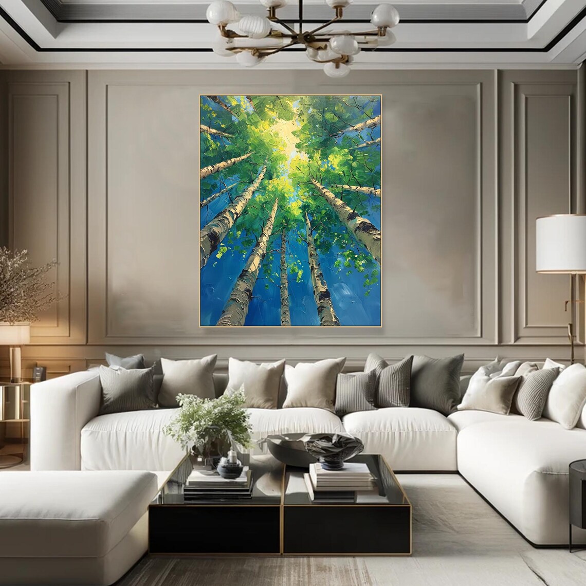 Green Forest Oil Painting, Birch Tree Wall Art - Image 3