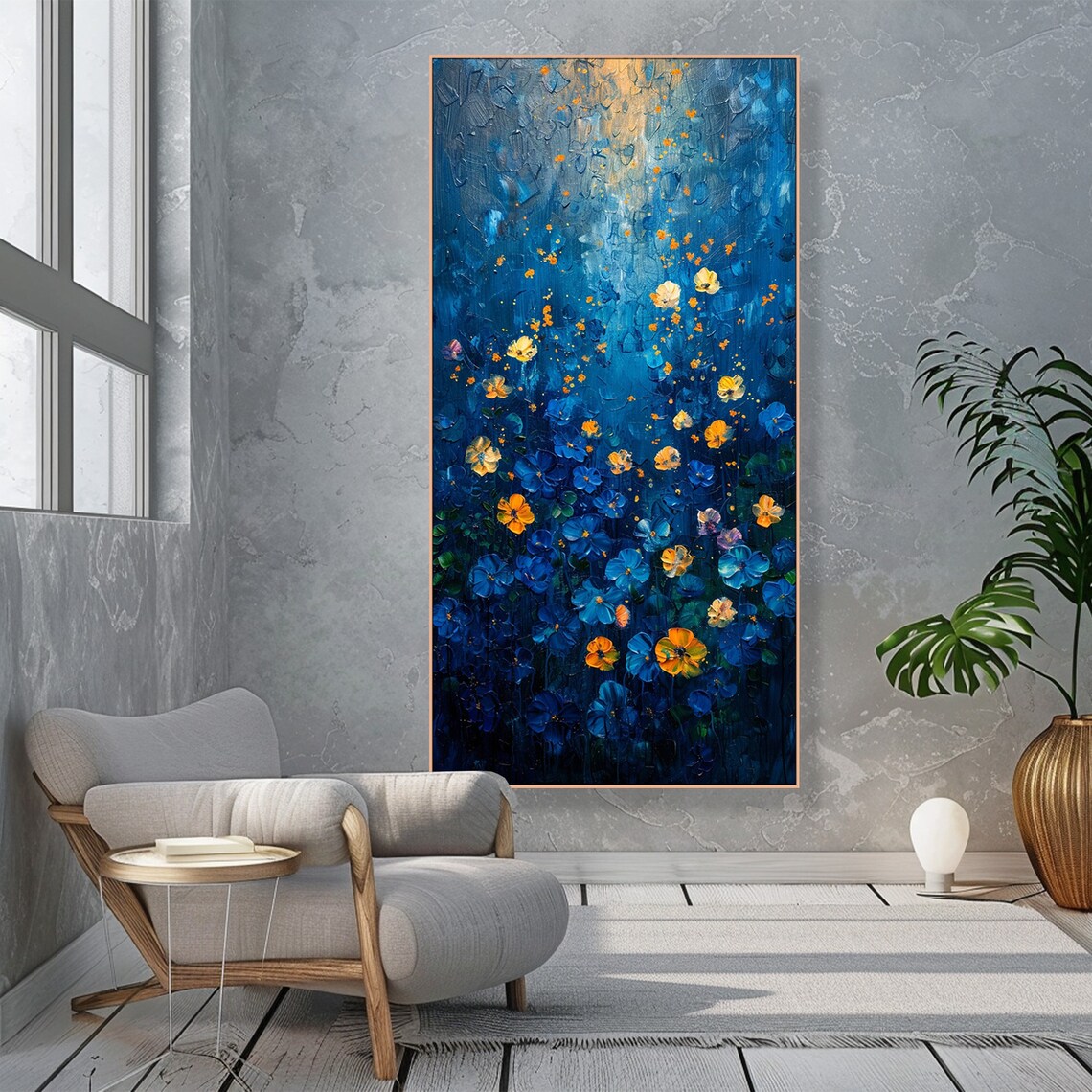 Midnight Garden Blue Flowers Gold Sparkles Vertical Floral Art Poster - Image 5