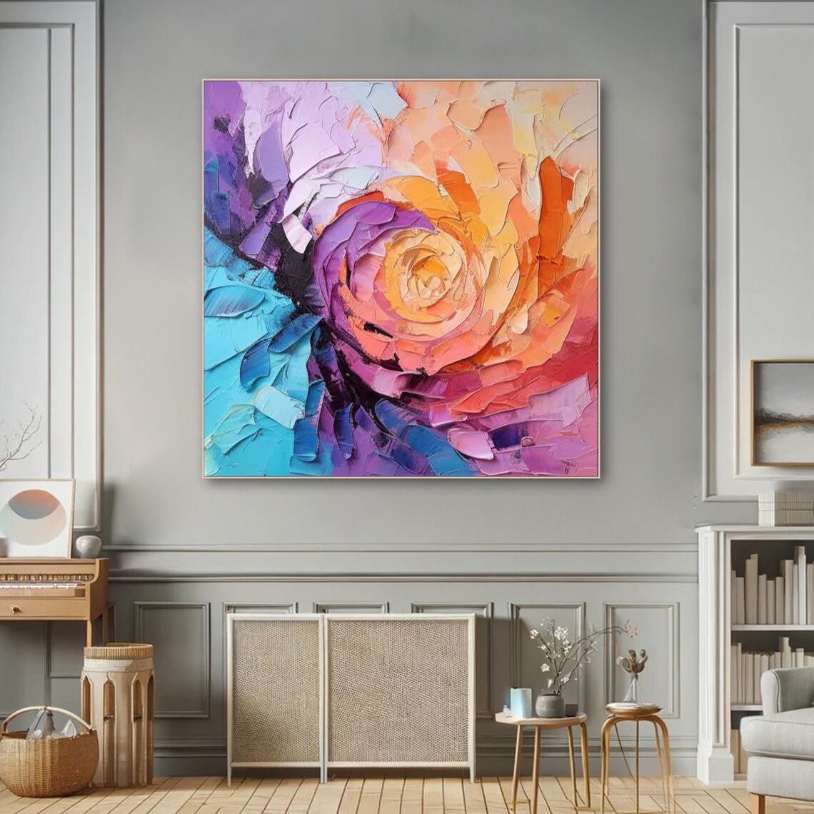 Abstract Bloom Palette Knife Swirl Purple Orange Floral Art Poster - Image 4