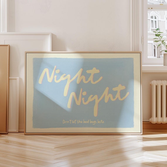 Framed Night Night Horizontal Print Cute Bedroom Wall Art Baby Blue Pastel Poster Trendy Retro Aesthetic Kids Bedroom Decor Framed Print