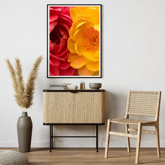 Yellow And Red Peony Wall Art Bright Floral Closeup Botanical Color Burst Print Vibrant Flower Bold Bloom Home Decor