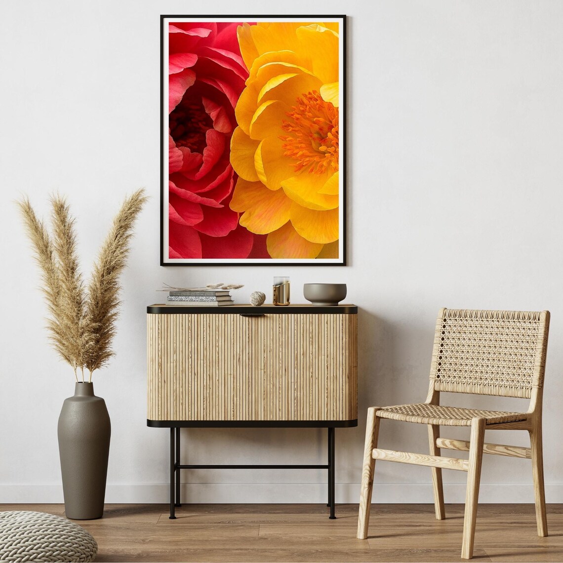 Red Yellow Peony Blooms Bright Floral Closeup Color Art Poster