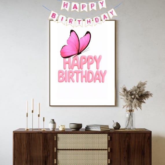 Happy Birthday Wall Art Pink Balloon Letters Feminine Party Decor Poster Gift For Her