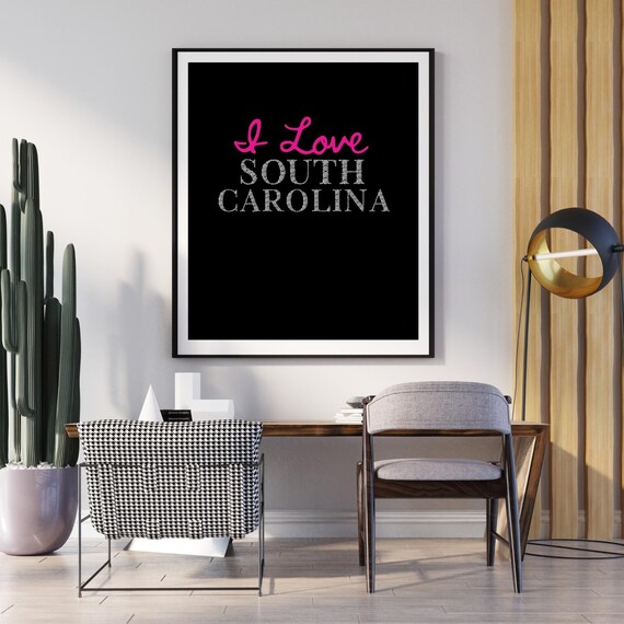 I Love South Carolina Bold Pink Script Glitter Southern State Pride Poster