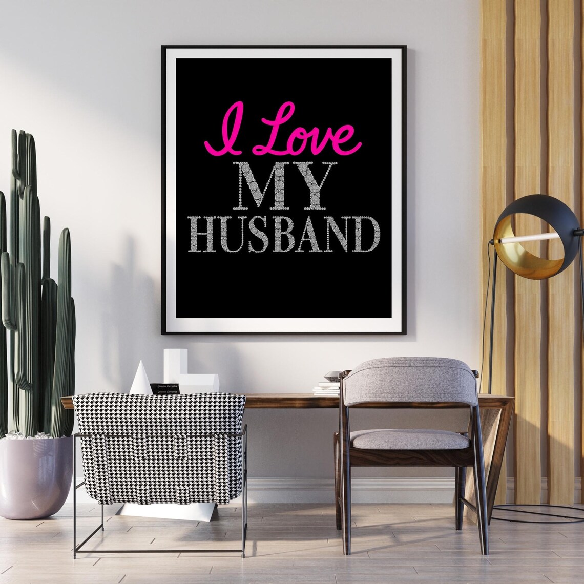 I Love My Husband Pink Diamond Lettering Black Sign Wall Art