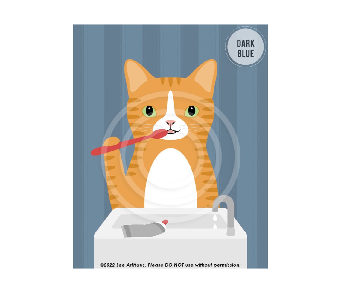 Orange Tabby Cat Brushing Teeth At Bathroom Sink Funny Art Poster