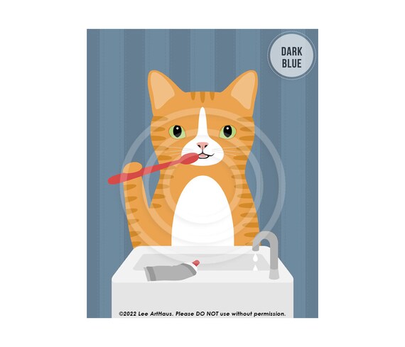 Orange Tabby Cat Brushing Teeth At Bathroom Sink Funny Art Poster