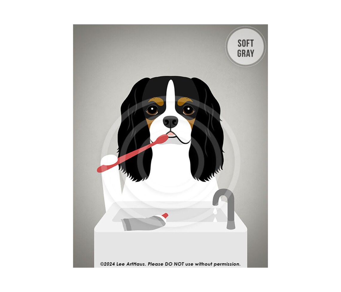Tricolor Cavalier Spaniel Brushing Teeth Funny Dog Bathroom Poster - Image 4