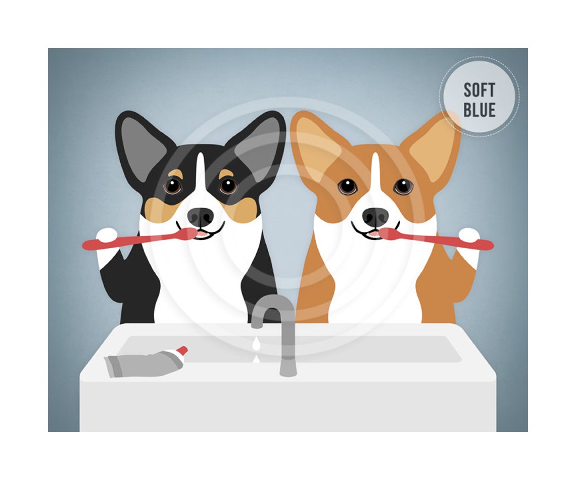 Two Corgis Brushing Teeth At Sink Funny Dog Bathroom Art Poster - Image 2