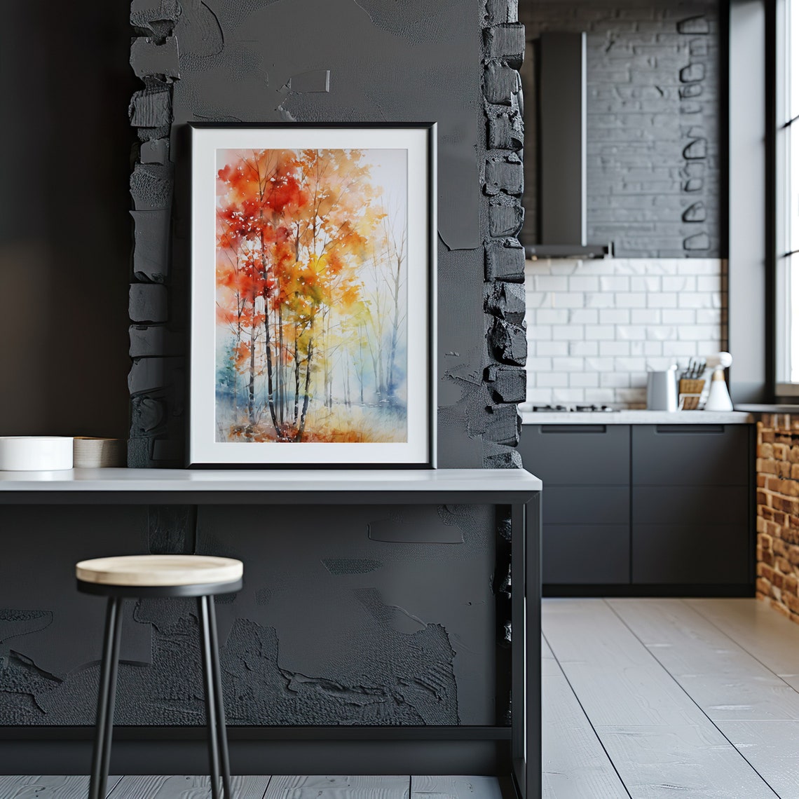 Red Orange Autumn Trees Forest Fall Watercolor Landscape Poster - Image 5