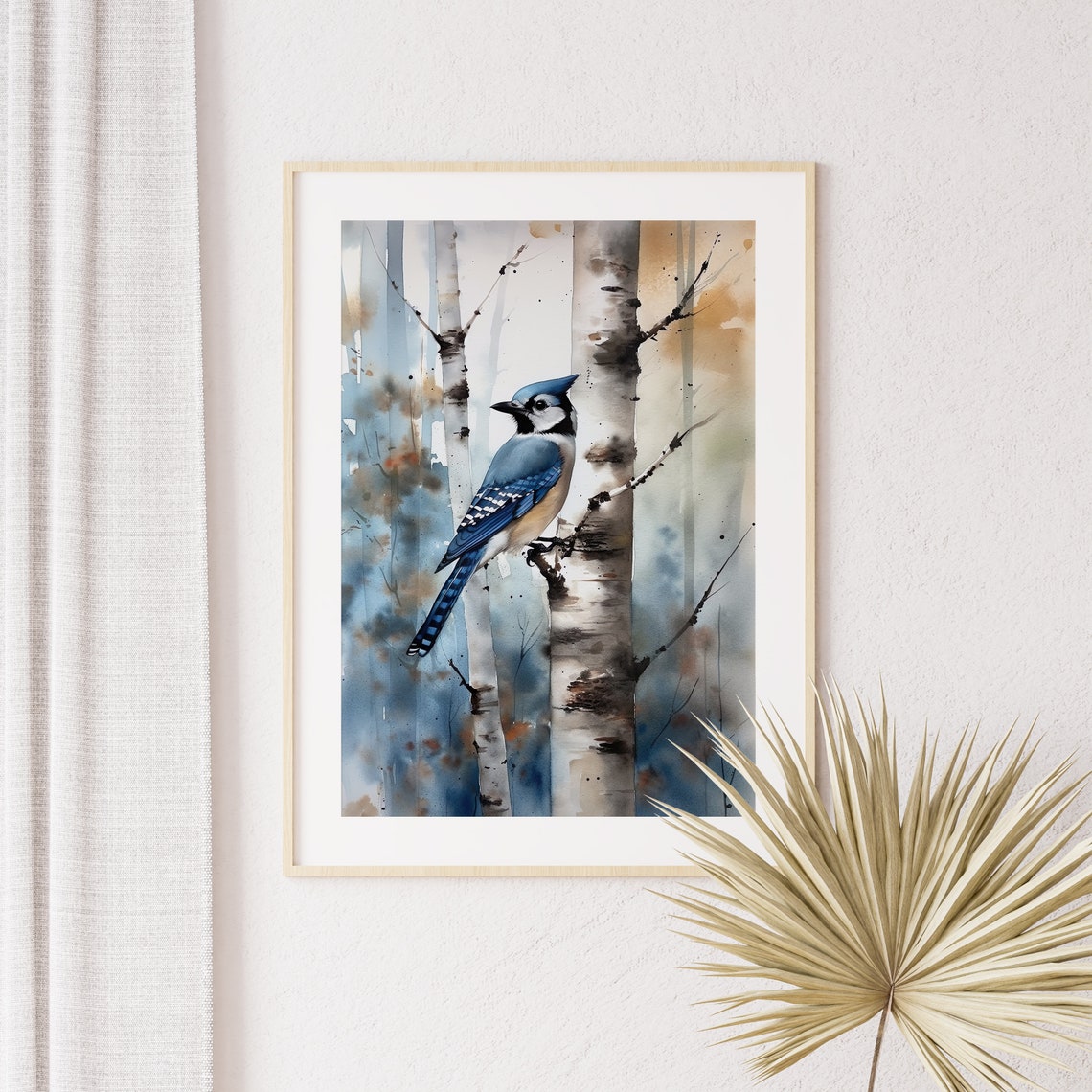 Blue Jay Watercolor Portrait Perched on Birch Branch Art Poster - Image 3