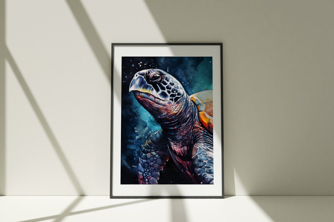 Sea Turtle Watercolor Portrait Deep Blue Ocean Animal Art Poster - Image 5