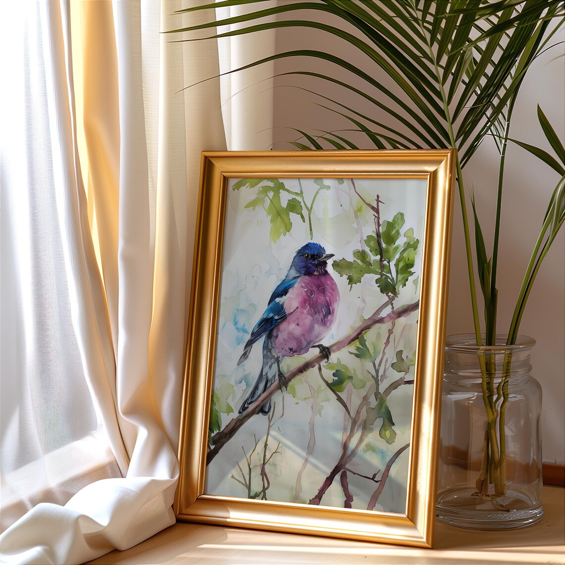 Blue and Pink Songbird Watercolor Perched Branch Nature Poster - Image 3