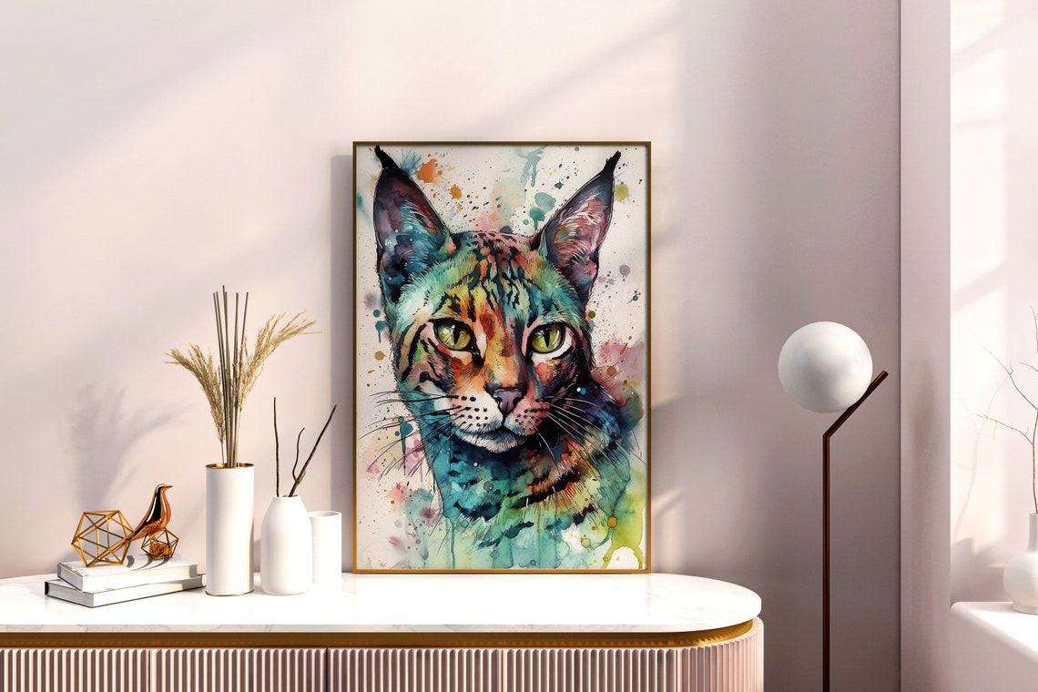 Wild Cat Watercolor Portrait Spotted Feline Splash Art Poster - Image 5