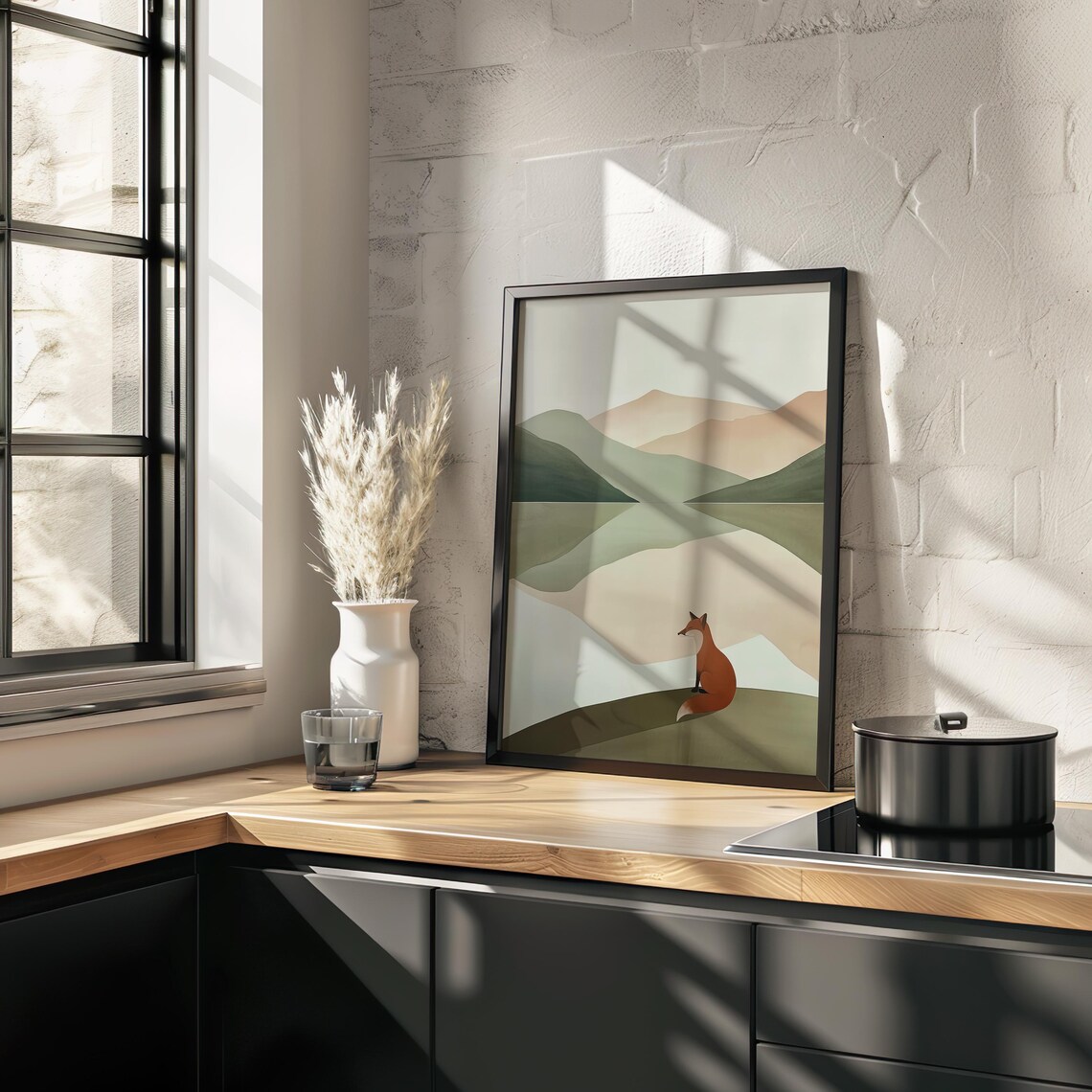 Minimalist Red Fox Mountain Lake Watercolor Painting Poster for Modern Homes - Image 3