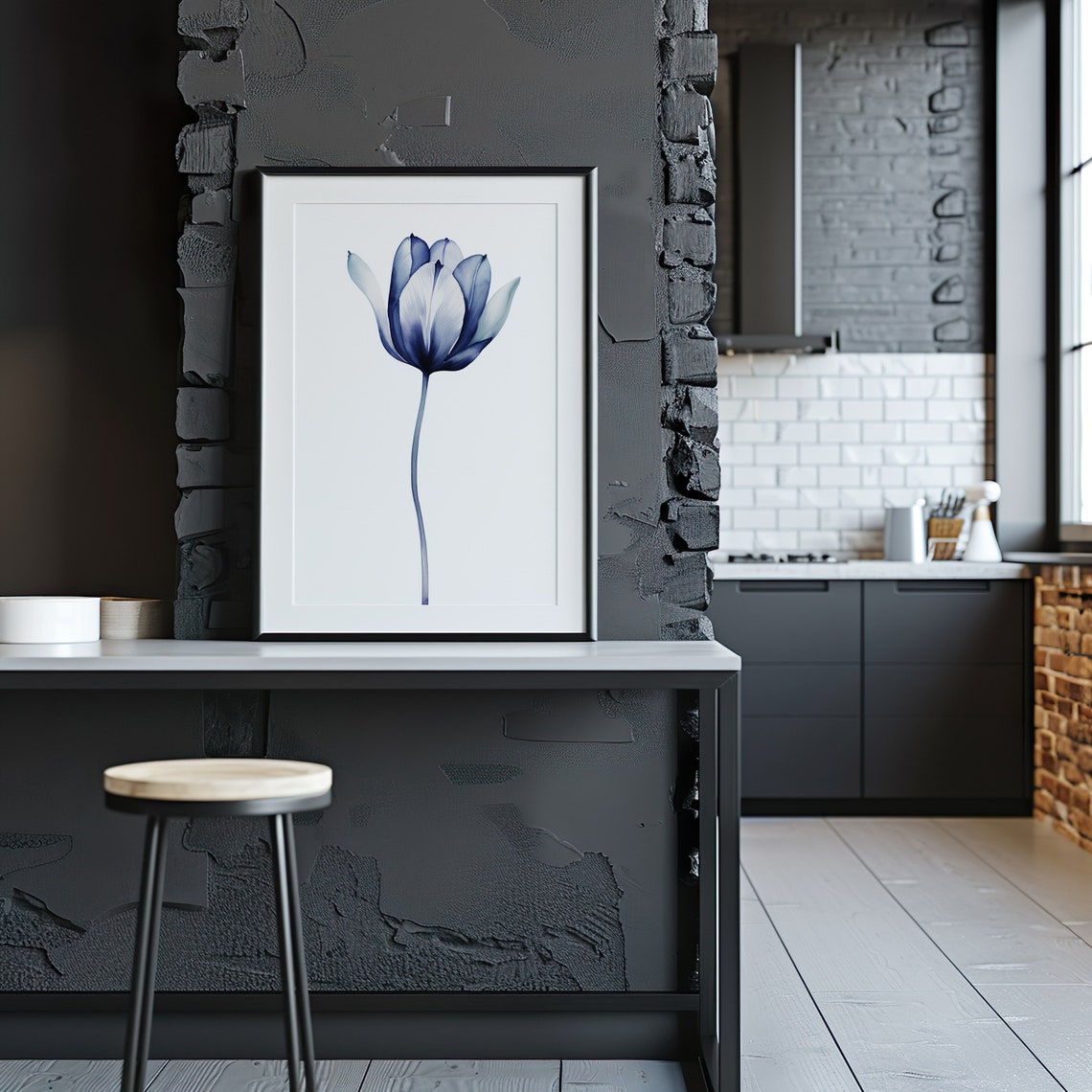 Navy Blue Tulip Watercolor Dark Bloom Single Stem Botanical Art Poster - Image 4