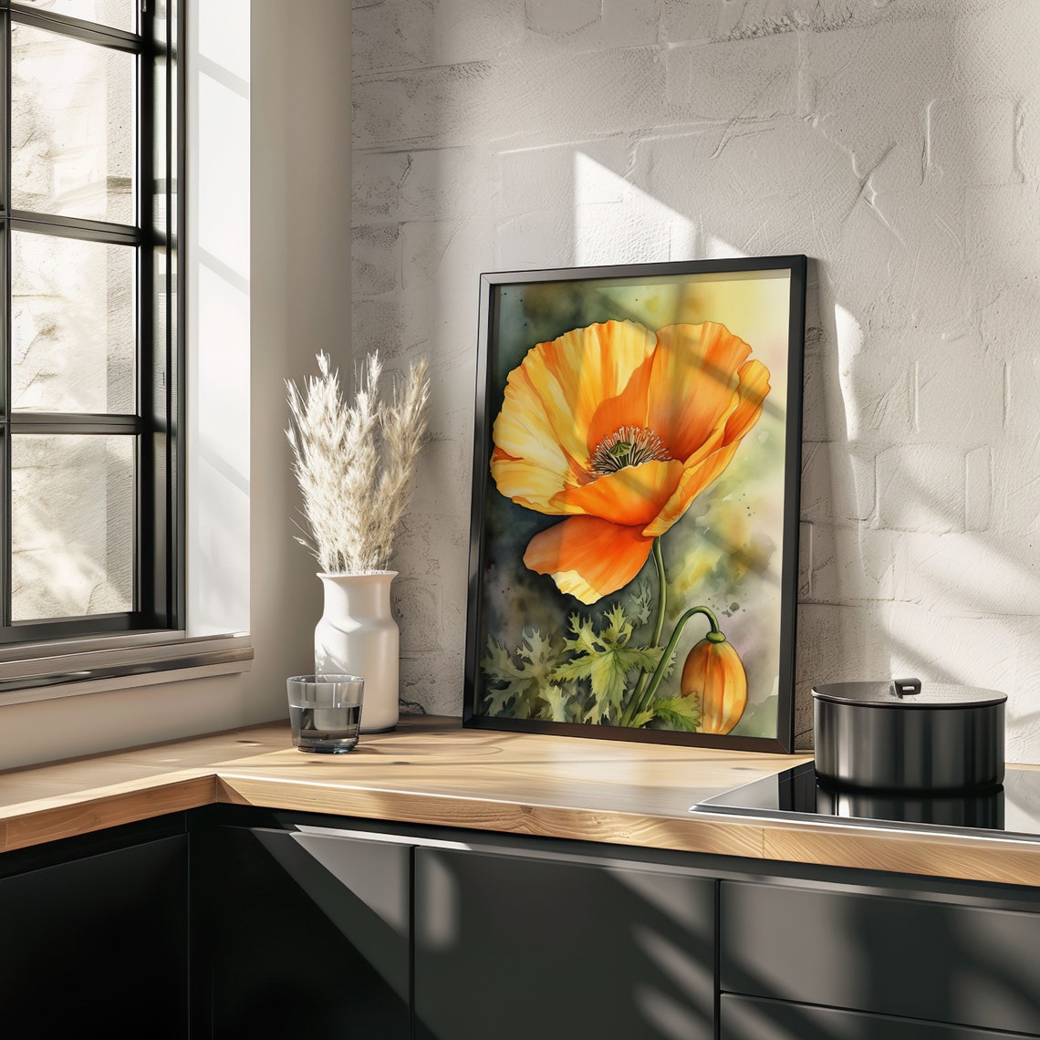Orange Poppy Flower With Bud Watercolor Rustic Botanical Art Poster - Image 3