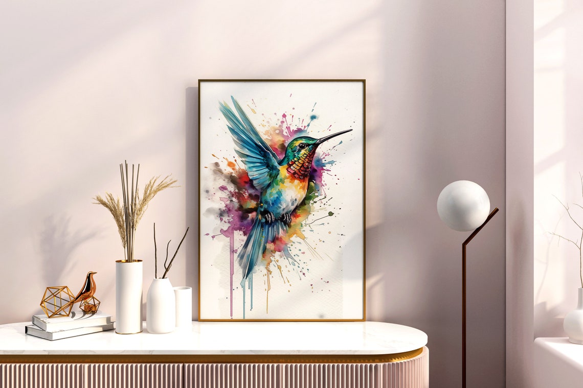Hummingbird Colorful Watercolor Art Flying Bird Teal Splash Poster - Image 3