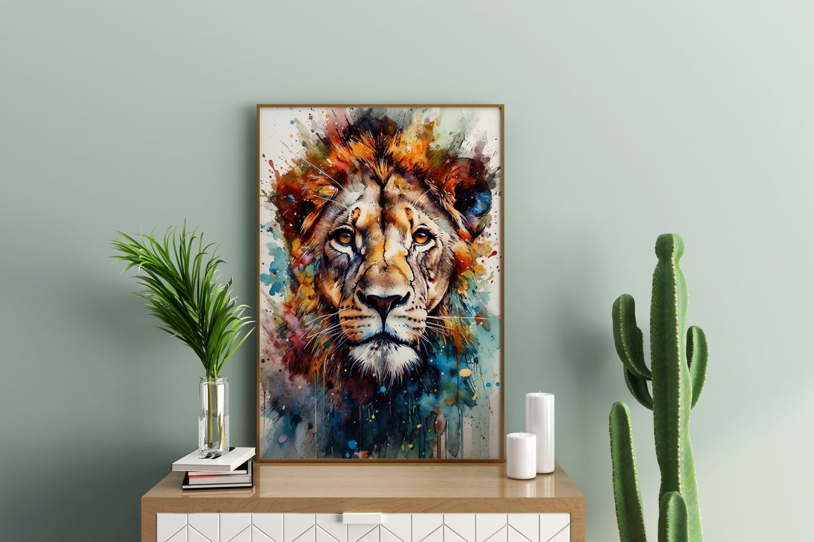 Lion Painting Wall Art Watercolor Poster Gift Watercolor Colorful Animal Painting Illustration Nature Wall Art Home Decor Print - Image 3