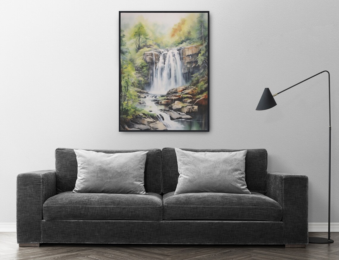 Lush Forest Waterfall Watercolor Painting Poster for Nature Lovers - Image 3