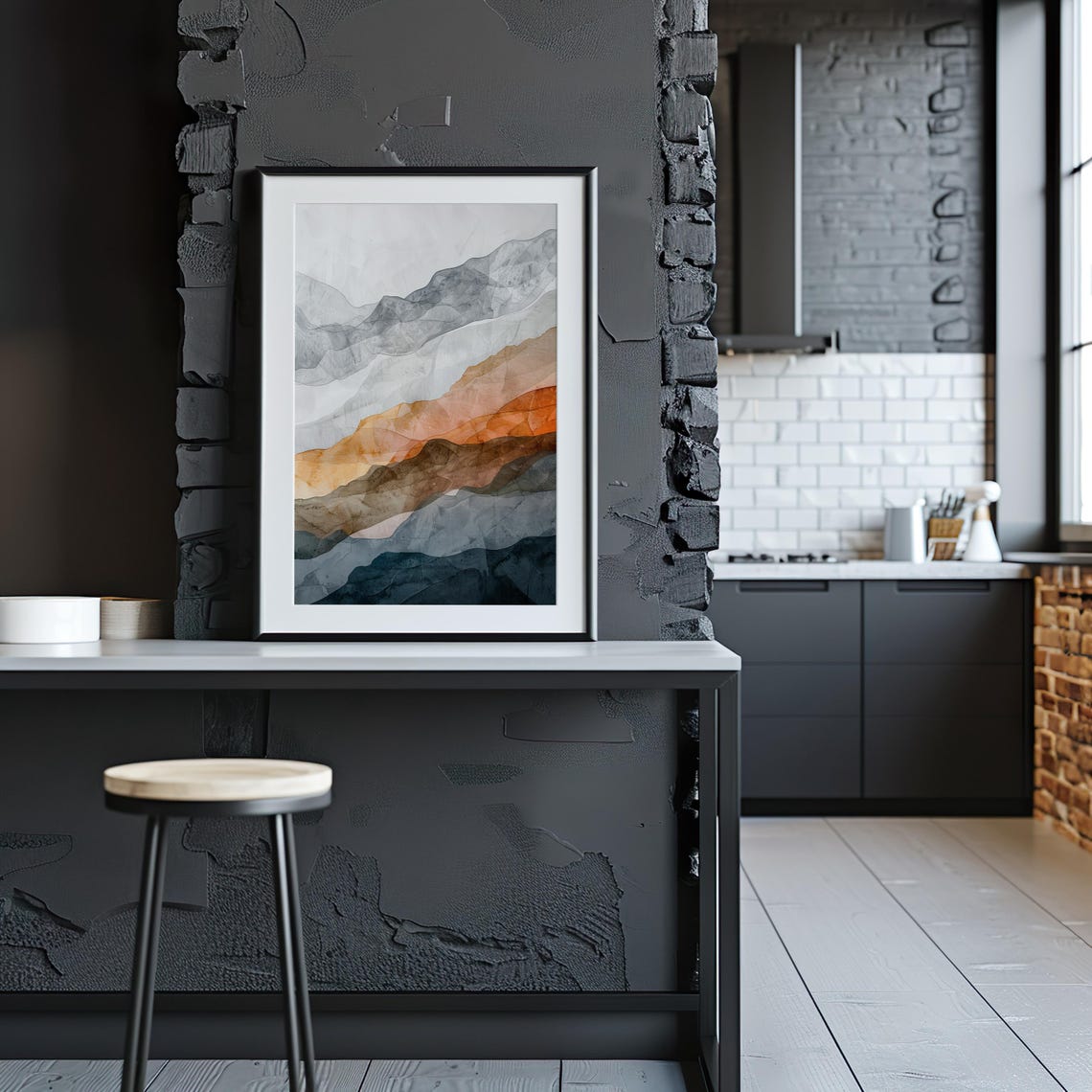 Abstract Mountain Layers Watercolor Gray Rust Sunset Art Poster - Image 3