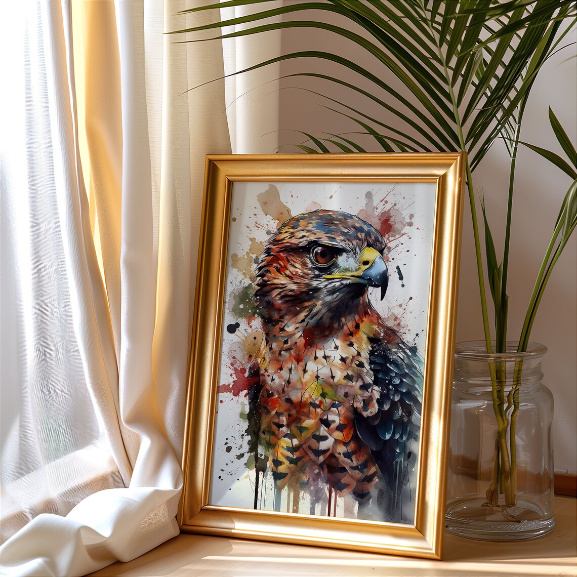 Colorful Hawk Watercolor Portrait Bird of Prey Wildlife Art Poster - Image 3