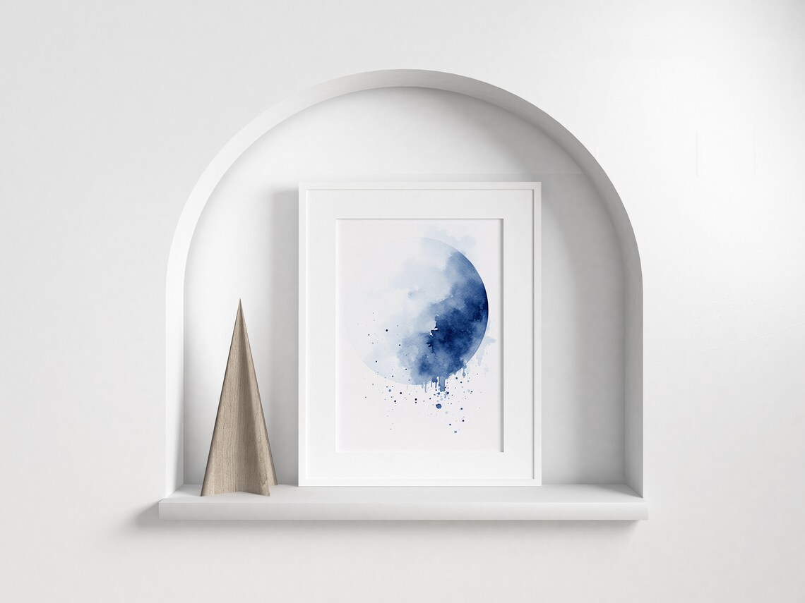 Blue Moon Watercolor Abstract Lunar Circle with Paint Splashes Art Poster - Image 3