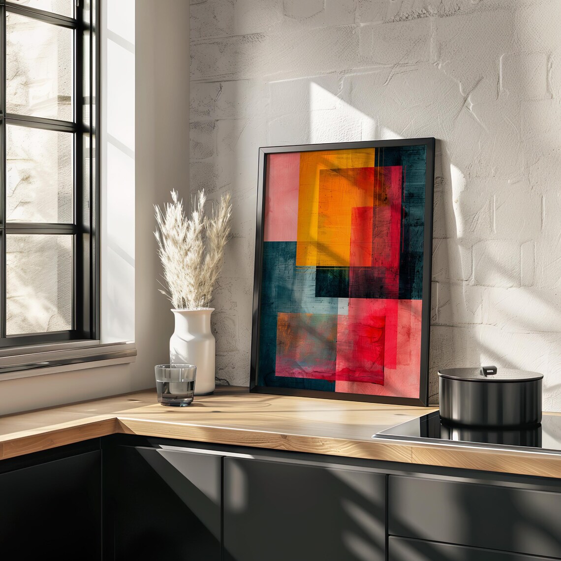 Geometric Abstract Color Blocks Navy Orange Pink Graphic Art Poster - Image 3